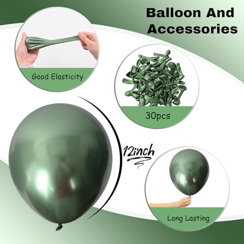 Image of Jobkoo Metallic Green Balloons, 12Inch Chrome Dark Green Balloons 30Pcs Retro Sage Olive Green Metallic Party Balloons Hunter Green Chrome Helium Balloon for Jungle Birthday Graduation Wedding Decor