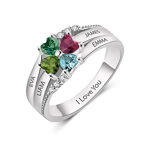 Sterling Silver Personalized Ring for Women Engraved Women’s birthstone Ring with 4 Stones –Name Rings Personalized –Promise Ring, Engagement, Anniversary