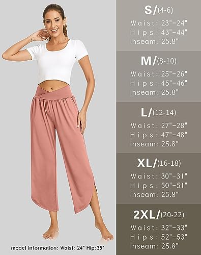 Image of TARSE Women's Wide Leg Yoga Pants Cross High Waist Flowy Split with Pockets | Comfy Lightweight Stretch, Flare Hem Cropped, Loose Dance Pants, Travel & Lounge, Everyday Casual Wear