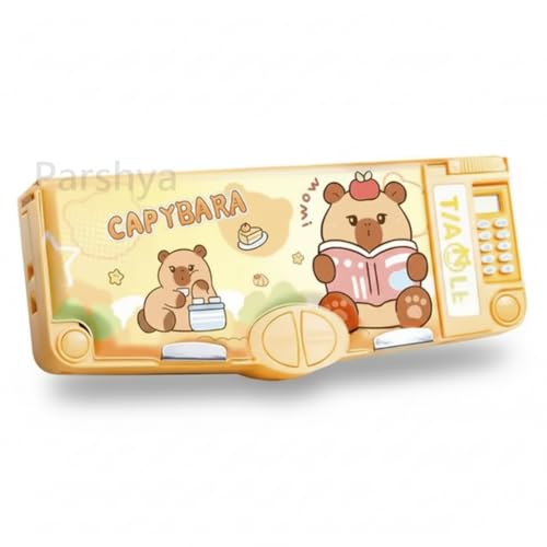 Image of KiddieWorld Capibara Multifunction Pencil Box for Kids with Calculator, Sharpener, Scissor Pop-Out, Magnetic Closure, Large Capacity Double-Sided Storage | Cute Cartoon Pencil Case