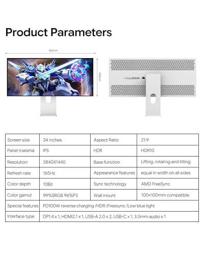 Image of Q34W 34'' UHD (3440 x 1440) 4K 165Hz Gaming Monitor, IPS Panel, 10-Bit Color, 99% sRGB, 96% DCI-P3, 5ms, HDR, 1000:1, Eye Care, Anti-Glare (Honeycomb - with Stand x2)