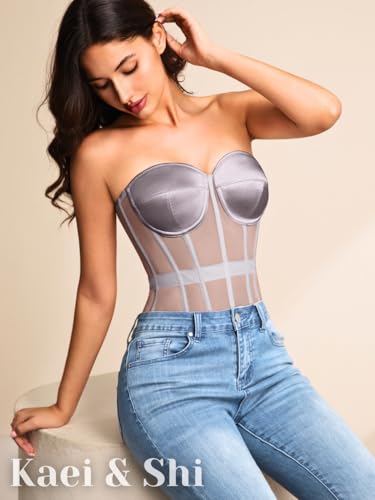 Image of Kaei&Shi Sheer Mesh Overbust Corset,Sexy Strapless Lace Up Satin Bra Corsets Top For Women Shapewear