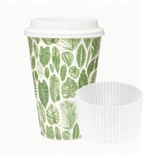 Sylve 14 Oz Ceramic Coffee Mug, Portable Microwave & Dishwasher Safe Tumbler with Lid, Unique Birthday Housewarming Gift for Women Men (Green Leaf)