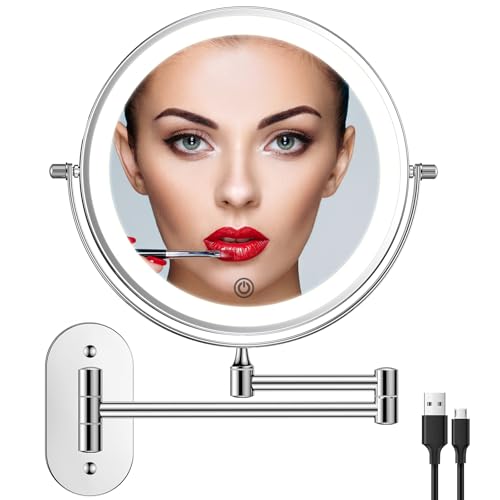 Rechargeable Wall Mounted Lighted Makeup Vanity Mirror 8 Inch Double Sided 1X 10X Magnifying Bathroom Mirror, 3 Color Lighting, Touch Screen Dimming, Extended Arm 360 Rotation Shaving Light up Mirror