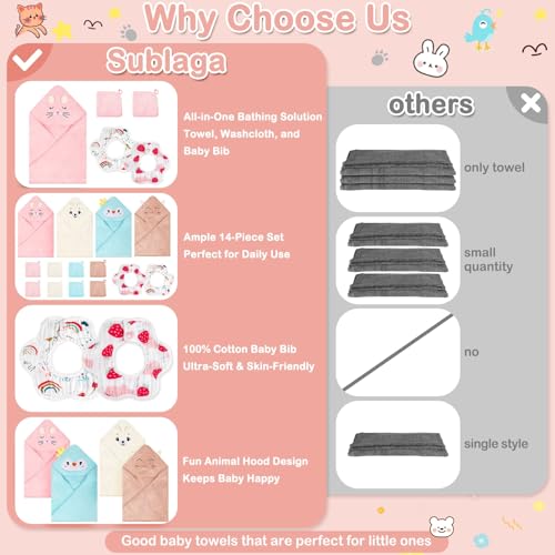 Image of Sublaga 14 Pcs Baby Towels, Soft Baby Towel and Washcloths Set, 4 Pcs 32x32 in Hooded Bath Towel, 8 Pcs Baby Washcloths and 2 Pcs Cotton Baby Bibs for Newborns, Toddlers, and Kids for Boys and Girls