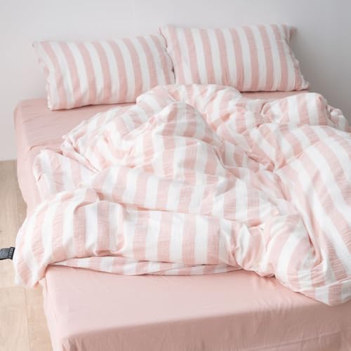 Glan グラン NERUS 正規品 布団カバー セット ガーゼ生地 ストライプ 掛け布団カバー セット ボックスシーツ ベッドシーツ 綿100 3点セット シーツ 掛布団カバー 韓国 おしゃれ (ピンク, ダブル)