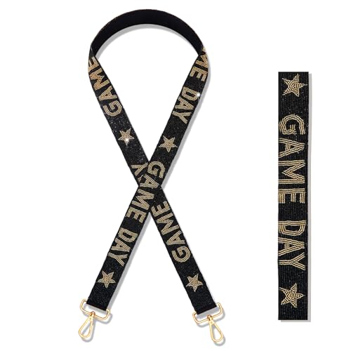Image of Game Day Purse Straps Replacement Crossbody Wide Shoulder Straps Beaded Football Team Purse Straps Handbag Strap Replacement (Gold Black)