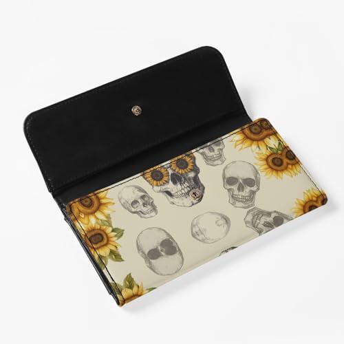 Image of AFPANQZ Skull with Sunflower Trifold Long Clutch Wallets for Girls Womens Large Capacity Purse Portable Handbag Purses for Travel Party Shopping Outdoor Card Holder