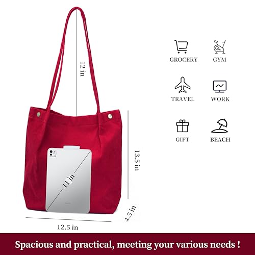 Image of Corduroy Tote Bag Cute Tote Bags for Women Shoulder Bag with Inner Pocket for Work Beach Travel and Shopping Grocery
