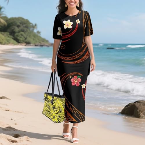 Image of Puletasi Samoan Traditional 2 Piece Outfits for Women Short Sleeve Crop Top and Maxi Skirt Sets Puletasi Dress