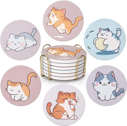 Image of Cute Cats Coasters Set of 6 Catties Lover Gift Coasters with Holder for Table Drink Coaster Cat Themed Gifts Kawaii Anime Decor Office Desk Beverage Fun Cool Bar Cup