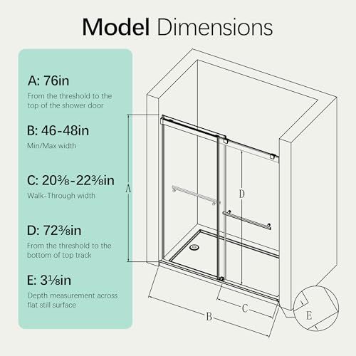 Image of 46-48 inch W x 76 inch H Soft-Close Frameless Double Sliding Shower Door, Bathroom Shower Glass Doors with 5 /16 inch (8mm) SGCC Tempered Glass and Stainless Steel Handle, Easy to Install, Matte Black