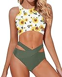 Tempt Me Women High Neck Bikini Set Cutout Swimsuit Two Piece Criss Cross Bandage Bathing Suit Sunflower S