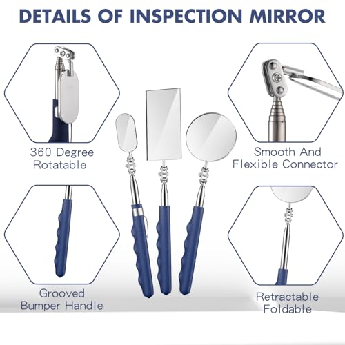 Copkim 3 Pieces Telescoping Inspection Mirror Stainless Steel Extendable Mechanic Mirror with Long Handle Tool for Technicians Mechanics Contractors(50/50/25 mm,Square,Round,Oval)