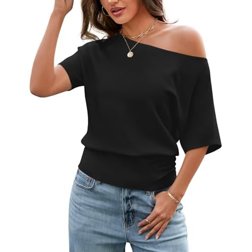 Off Shoulder Tops for Women - Short Sleeve Batwing Sweater Soft Cinched Waist Knit Summer Going Out Top Date Night Large Black