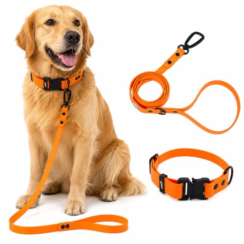 Image of Adil'S Waterproof Leash and Collar Combo Set - Adjustable & Breathable Biothane Collar with Leash Suitable for Medium & Large Size Dogs (Lease 5Ft),Orange, M