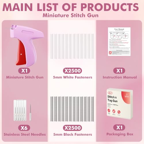 Image of Stitch Gun for Clothes, Tagging Gun, Quick Clothing Fixer, Fuchsia | 5000 Fasteners, 0.04 inch Fine Needle, 6 Needles, Portable, Handheld, Compact, Lightweight, Easy to Use, Versatility, Durable