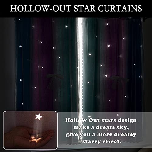 Image of Yancorp Kids Princess Curtains for Girls Bedroom - Star Design With Tieback & 3 Bowties - Purple Teal Blue, W34 X L63 Inches, 1 Panel