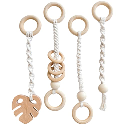 Image of Beavorty 4pcs Hanging Baby Wooden Toys Baby Play Gym Toys Wood Teether Rings Baby Activity Nursing Game Gym Rattle Pendant Toy Newborn Crib Toy Sense Sensory Toys