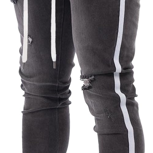 Mens Slim Fit Jeans with Drawstring Ripped Stretch Distressed Destroyed Pants Side Striped Broken Hole Trousers3