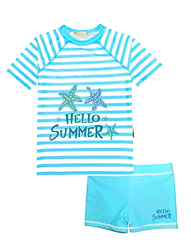 weVSwe Girls' Swimwear Two Pieces Rash Guard Swimsuit Set Toddler Short Sleeve Bathing Suit UPF 50+ Surfing Suit Blue Seastar 7-8 Years