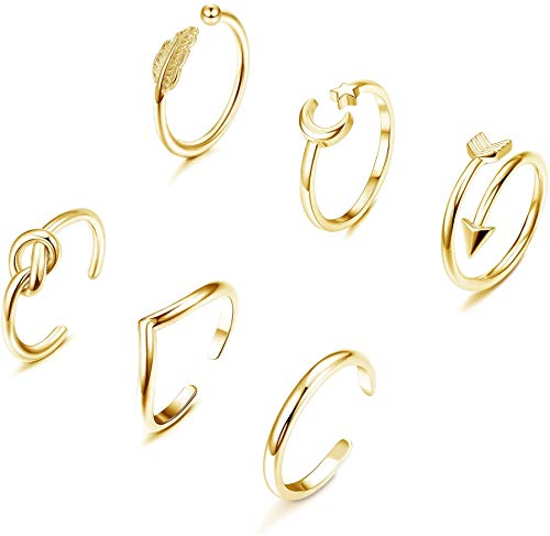 YADOCA 6 Piezas Anillo Ajustable para Mujeres Ni�as Simple Anillo Luna Estrella Anillo Articulado Set Anillos Mujer Regulable Plata Oro Rosa Oro