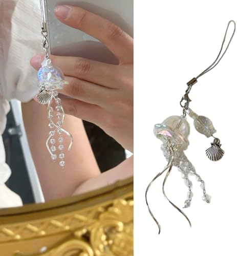 EMASDGEY Lovely Jellyfish Phone Charm Keychain with Tassels Acrylic Beaded Pendant Phone Lanyard Stylish Keyring Jewelry Beaded Keychain - 2