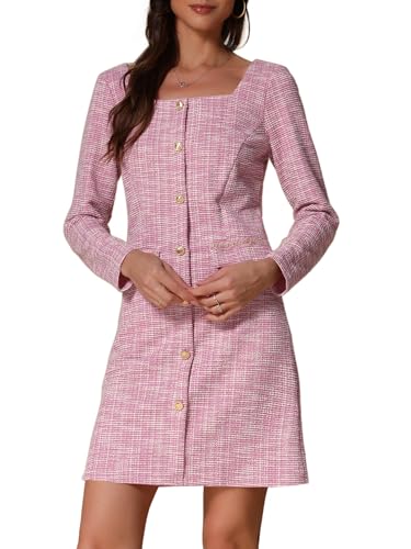 Allegra K Tweed-Kleid für Damen, lange Ärmel, quadratischer Ausschnitt, knielang, hot pink, L