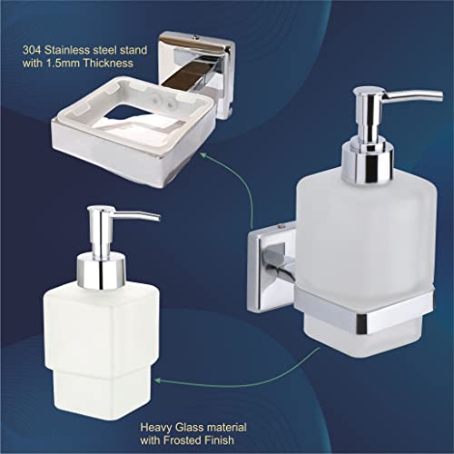 Image of Premium Wall Mounted Liquid Soap Dispenser - 304 Stainless Steel Holder with Frosted Glass Bottle | Rust-Proof Hand Wash Pump for Bathroom, Kitchen, & Wash Basin (Square 27O)