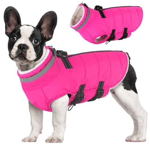 Mklhgty Large Dog Coat with Harness Built-in, Waterproof Reflective Fleece Lined - Warm Windproof Winter Jacket with Back Zipper, Cold Weather Snow Dog Coats - Pink - 3XL