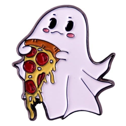 Image of Ghost Holding Pizza Enamel Pin Cartoon Ghost Apparition Brooch Pin Mental Badge Funny Scary Brooch Jeans Bag Decor Craft Shirt Collar Pin Fashion Jewelry Festival Gift for Boys Girls Women Men