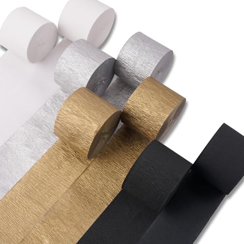 Image of PartyWoo Crepe Paper Streamers 8 Rolls 656ft, Pack of Silver, Black, White and Gold Party Streamers for for Birthday Decorations, Wedding Decorations, Baby Shower (1.8 Inch x 82 Ft /Roll)