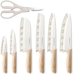 Astercook Knife Set, 13 Pieces Kitchen Knives Set with Ceramic Coating, Stainless Steel Chef Knife Sets with 6 Blade Guards, Dishwasher Safe Knives with Wood Grain Handle, Elegant White