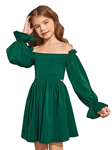 WDIRARA Girl's Cut Out Off Shoulder Shirred Flounce Sleeve Ruffle Hema A Line Mini Dress