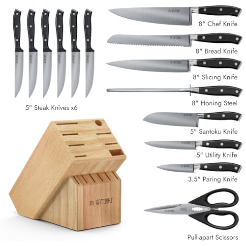 Image of Yatoshi 15 Piece Black Knife Block Set - Pro Kitchen Knife Set Ultra Sharp High Carbon Stainless Steel with Ergonomic Handle