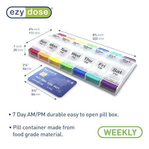 Image of EZY DOSE Push Button (7-Day) Pill Case, Medicine Planner, Vitamin Organizer, 2 Times a Day, AM /PM Container, X-Large Compartments, Arthritis Friendly, Easy to Use, Clear Lids, Rainbow, BPA Free