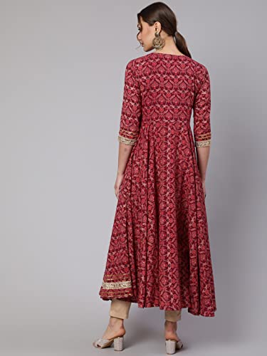 Image of Women Cotton Embroidered Printed Round Neck 3 /4 Sleeve Flared Kurta