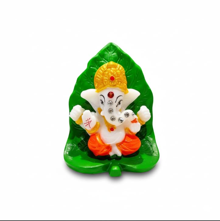 Image of Pan Ganesha Idol on Leaf Small Ganesha Idol for Pooja Resin Ganesh Murti Mini Ganesh Statue for Home Mandir Car Dashboard Decorative Ganesha Statue Spiritual Gift
