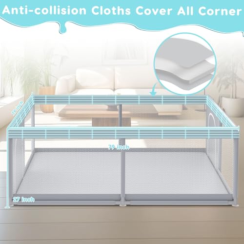79" ×79" Extra Large Baby Playpen, Baby Playard for Babies and Toddlers, BabyFence Play Pens for Indoor & Outdoor, Sturdy Safety Play Yard with Soft Breathable Mesh, Anti-Fall, Grey