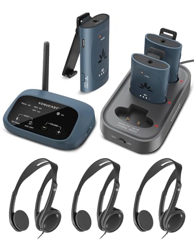 Venucast AuraPlex M3 & HF11 Pack – Sistema de Escucha asistida Auracast para Iglesias, 1 transmisor, 3 receptores y 3 Auriculares on-Ear con Cable con Conector de 3.5 mm.