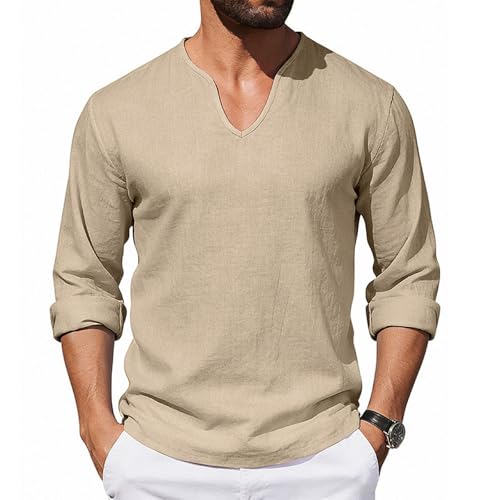Generisch Camisa de manga larga para hombre, camisa de algodón, camisa de lino, informal, corte regular, camisa de verano, camisa vintage con botones, camisas cómodas para el tiempo libre, camisa de