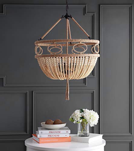 Safavieh Pnd4085A Whitley Bohemian Adjustable Beaded Tassel 4-Light (Led Bulbs Included) Pendant, Brown Wooden Finish/Dark Grey #TOP2