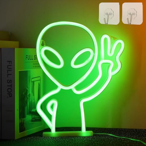 DWOOKE Alien - Cartel de neón verde con luces LED para decoración de pared, luz de neón alien, funciona con pilas y USB, señales LED para niños, habitación de hombre, cartel luminoso para sala de…