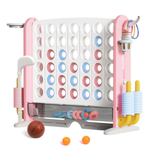 Giant 4 in a Row Connect Game with Mesh Fabric | Height Adjustable 4-in-1 Jumbo 4-to-Score Yard Game Set with Basketball, Golf & Ring Toss | Outdoor Indoor Family Party Game for Kids & Adults, Pink