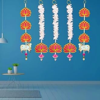 3 Tier Pink Lotus Latkan (Set of 2) and Long Gajra (Set of 3) Combo Jhumka Wall Temple Hanging Decorative Showpiece for Diwali Ganesh Chaturthi Pooja Home Festival Decoration