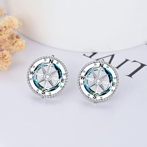 Sterling Silver Blue Ocean Compass Stud Earrings with Circle Crystal - Graduation Gifts for Her Daughter, Women, Girls, College Student, Friends4