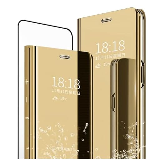 MLOTECH Fodral till Huawei Honor 8X fodral + härdat glas flip klar vy genomskinligt stående fodral spegel plätering hållare full kropp 360° smart skydd skydd guld