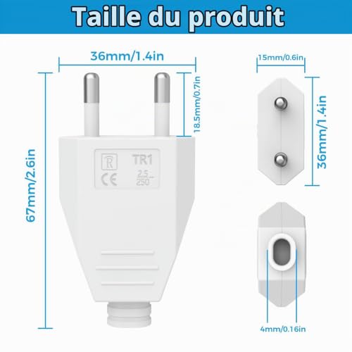 4 Pièces Fiche Européenne Plate, Prise Electrique Male 250V 2.5A, Fiches Plates, Fiche d'alimentation plate, Fiche Euro Schuko Fiche D'alimentation Domestique Décorative à Encastrer ou à Remplacer, po – vue 2