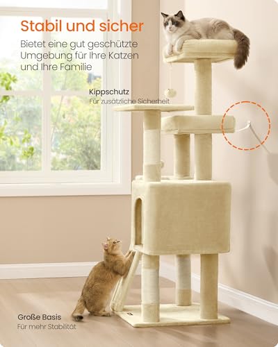Feandrea Kratzbaum, 136 cm hoch, Katzenbaum, mehrstöckiges Katzenhaus, mit 4 Kratzsäulen, 3 Plattformen, Liegemulden, Höhle, beige PCT012LF01