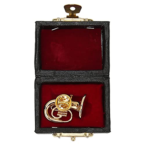Miniature French Horn,Gold Color Miniature Musical Instrument Miniature Musical Brooch with Storage Box Simulation Mini French Horn Model for Table Shelf